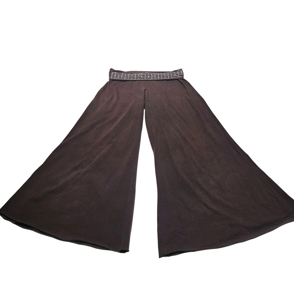 Vintage Havana Wide Leg Pants Women Brown Relaxed Elastic Waist Beaded Medium